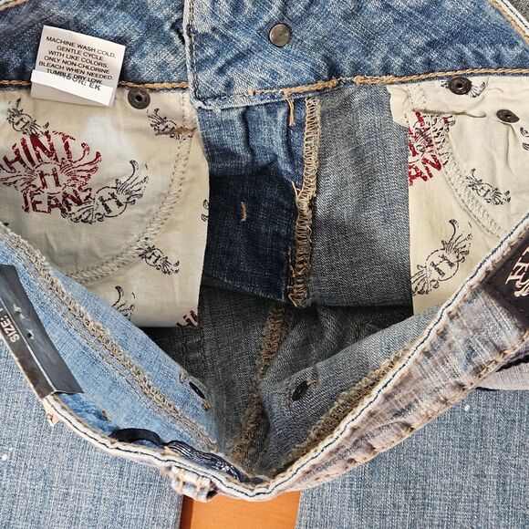 Hint Jeans Women Sz 1 Blue Boot Cut Bleach Splatter Look Y2K Festival Hippie New - Picture 2 of 16